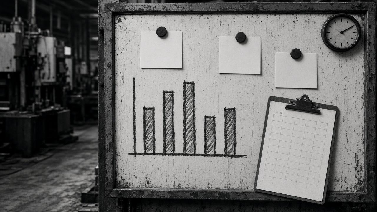 Tablero de gestión diaria con indicadores y planilla en planta